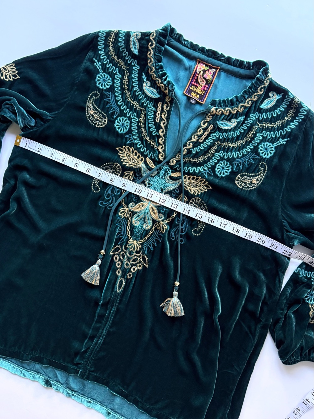 Johnny Was Shira Velvet Field Blouse Peacock Teal Blue Green L $348 - Picture 13 of 15